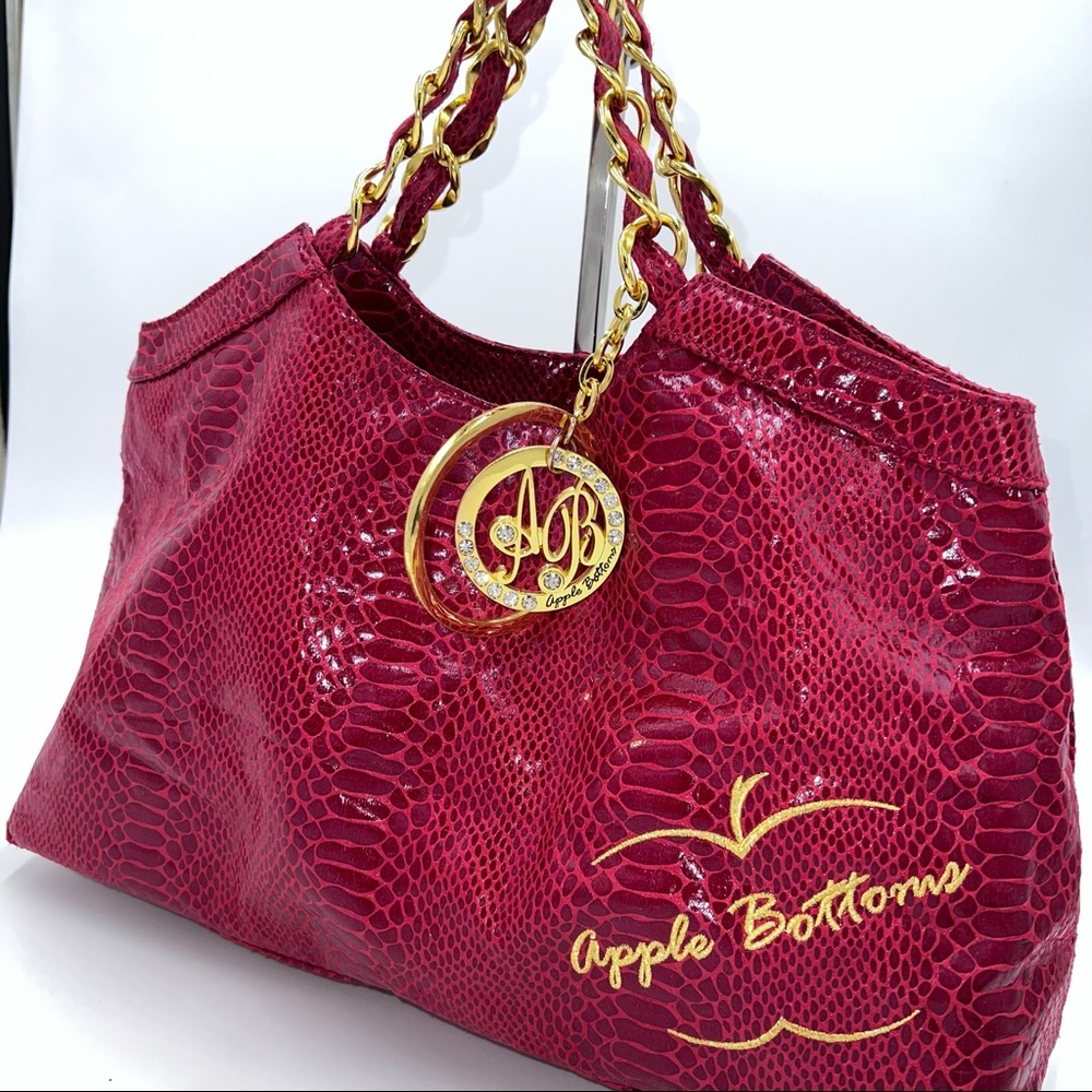Y2K Apple Bottoms Red Croc Gold Chain Handle Rhinestone Bling Monogram Tote Bag